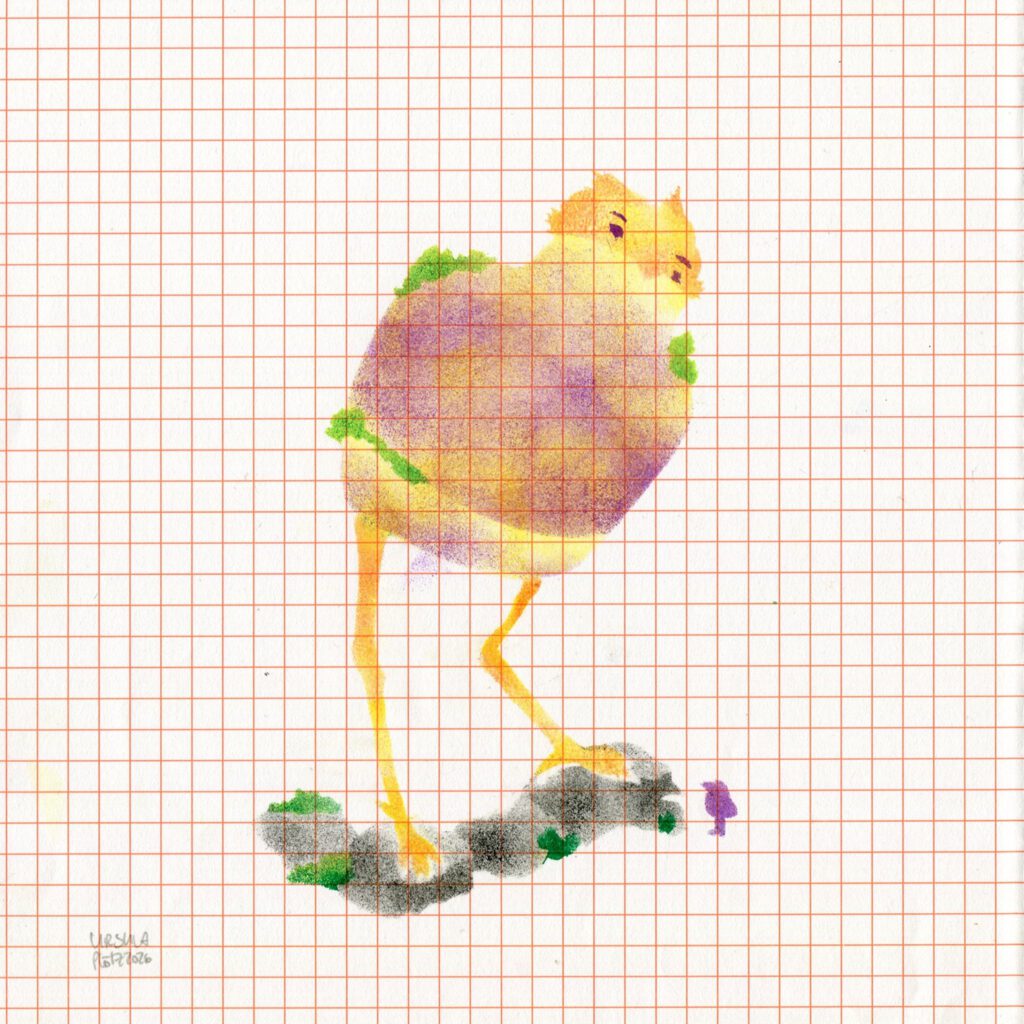 A huge lamp shape on 2 long bird legs and a fluffy bird face with a little bit of moss standing on some stones with moss next to a very small bird, all in yellow, orange and violet with grey stones and green moss