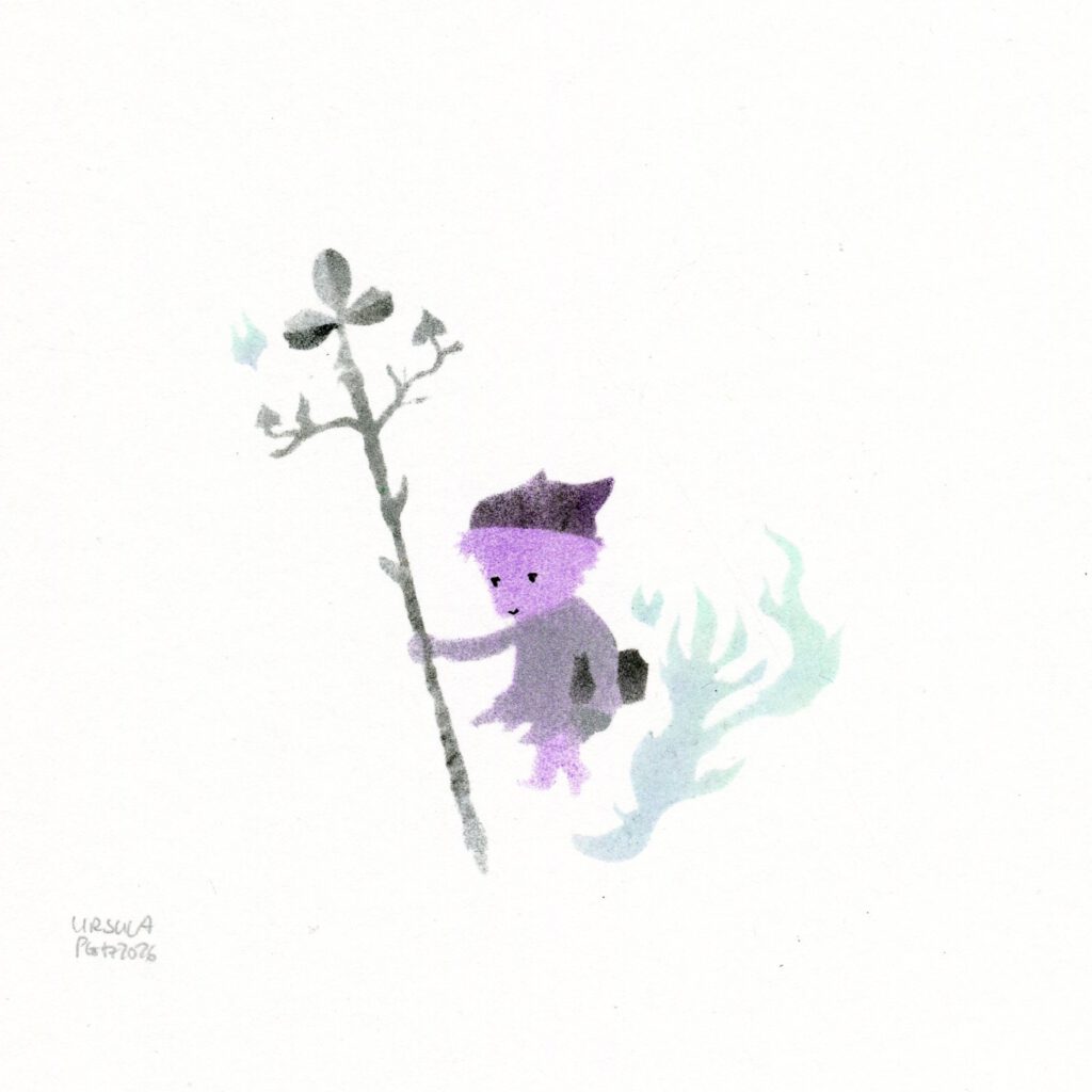 A very small creature in violet and silver holding a long silvery-black staff which is topped by a clover symbol surrounded by turquoise-light blue flames on plain paper