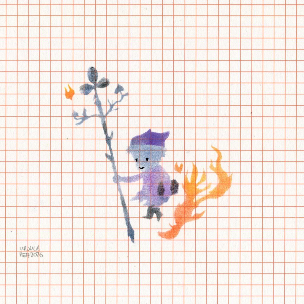 A very small creature in violet and blue holding a long blue-black staff which is topped by a clover symbol surrounded by orange-red flames on orange checkered paper