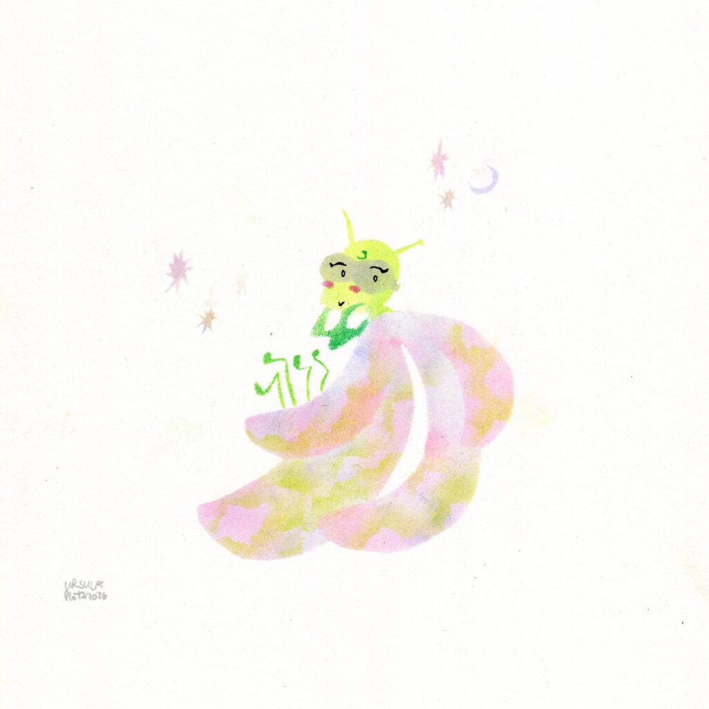 A dragonfly with safety goggles looking cute and blushing, in lime and dark green, wings swaying like a cloak in petal pink, light blue and lime green highlights on plain paper