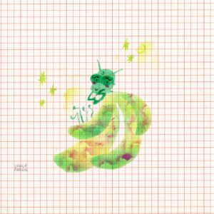 A dragonfly with safety goggles looking cute and blushing, in forest green, wings swaying like a cloak in lime green and forest green light blue and lime pink highlights on orange checkered paper