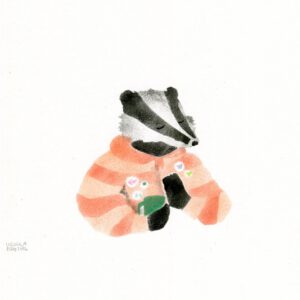 A badger in a re-orange striped hooded zipper sweatshirt with 5 badges on it holding a cup, on plain paper