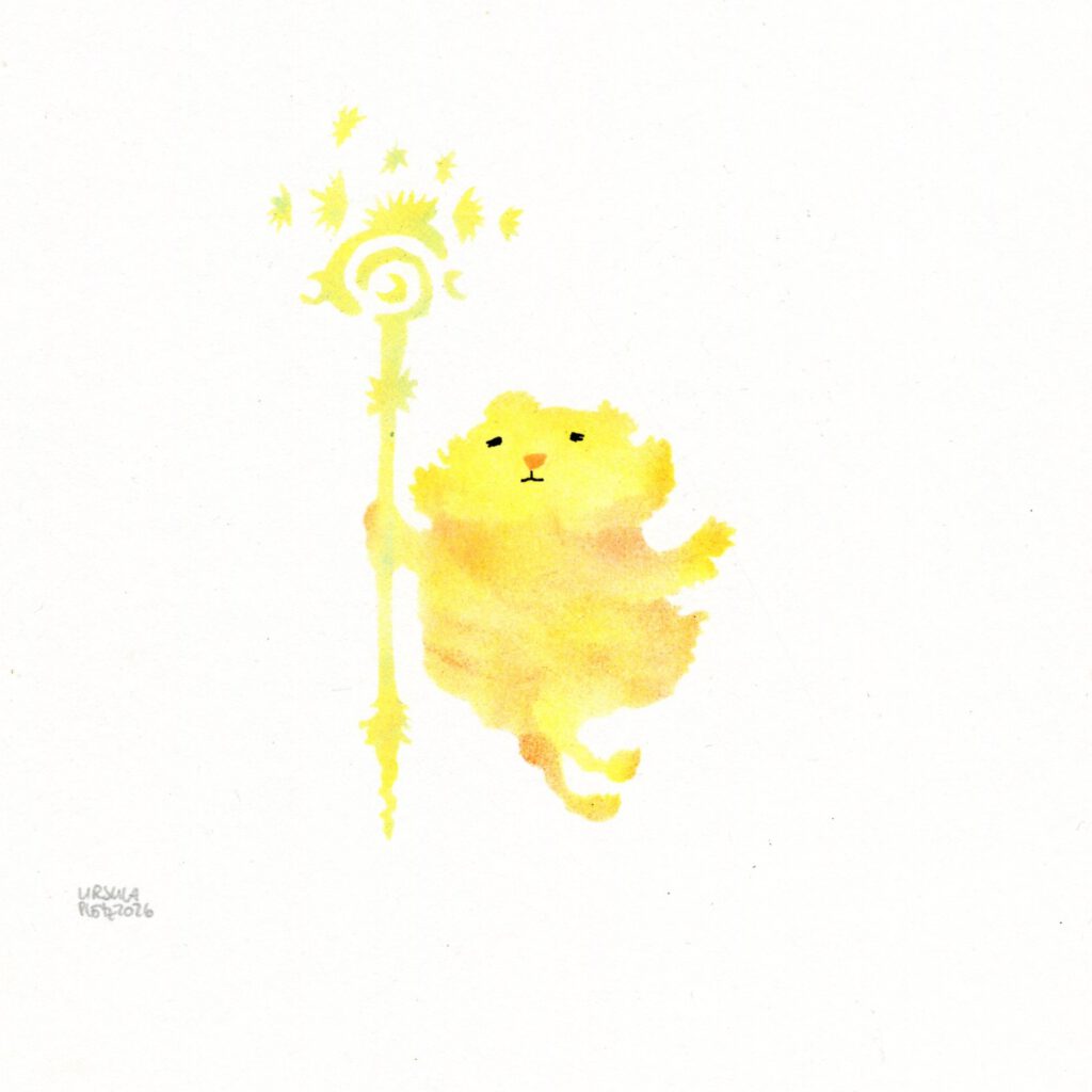 A fluffy creature with a flying bird holding a staff with stars and moons in bright yellow and orange and a tiny bit of turquoise on plain paper