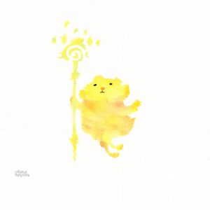 A fluffy creature with a flying bird holding a staff with stars and moons in bright yellow and orange and a tiny bit of turquoise on plain paper