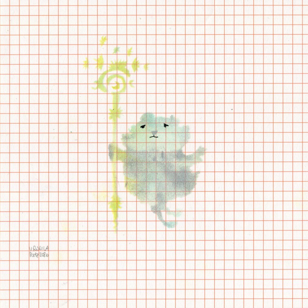 A fluffy creature with a flying bird holding a staff with stars and moons in turquoise-silvery shades and yellow on orange checkered paper
