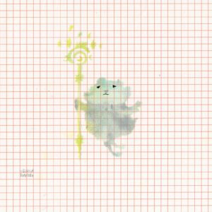 A fluffy creature with a flying bird holding a staff with stars and moons in turquoise-silvery shades and yellow on orange checkered paper