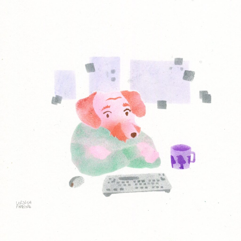 Dachshund leaning on a table with a keyboard, a cup and a mouse in front of them and behind them there are hanging some posters and post-it notes, dog in red and pink with a teal green sweater on plain paper