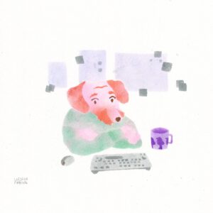 Dachshund leaning on a table with a keyboard, a cup and a mouse in front of them and behind them there are hanging some posters and post-it notes, dog in red and pink with a teal green sweater on plain paper
