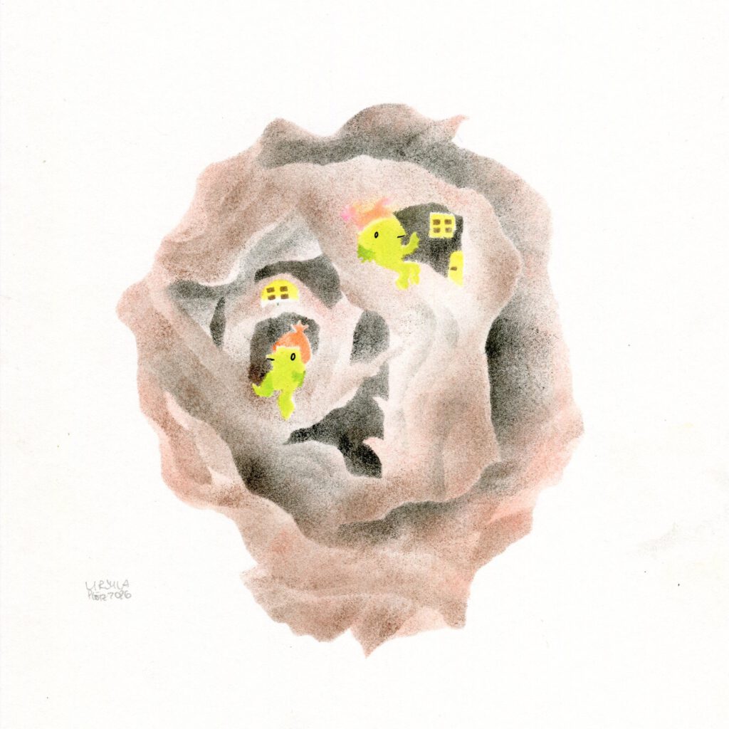 2 tiny bird-like creatures in bright yellow green wearing funny beanies in orange and pink sitting on branches in a tree structure in reddish brwon and black with tiny windows and a tiny door in yellow